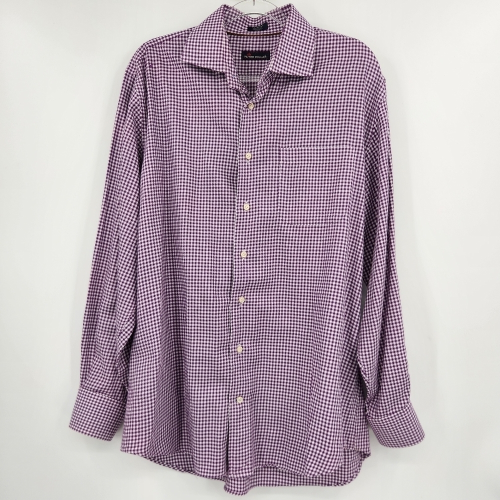 Peter Millar Long Sleeve Button Front Shirt Mens Size 16.5 Purple Gingham Plaid